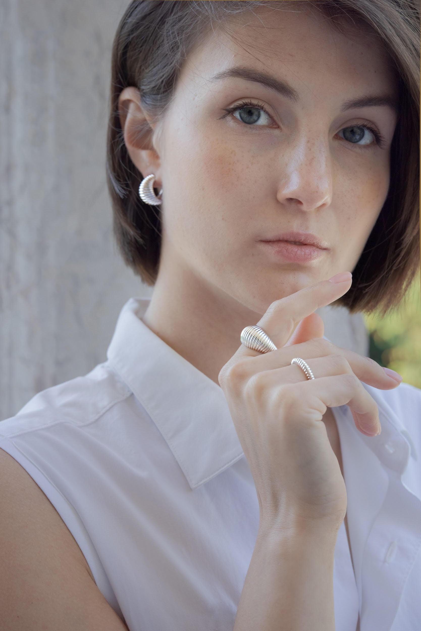 SAVOY Collection with a retro vibe by V DESIGN LAB Jewellery: Textured Hoops and Dome Rings in recycled Silver 925 or brass then gold plated