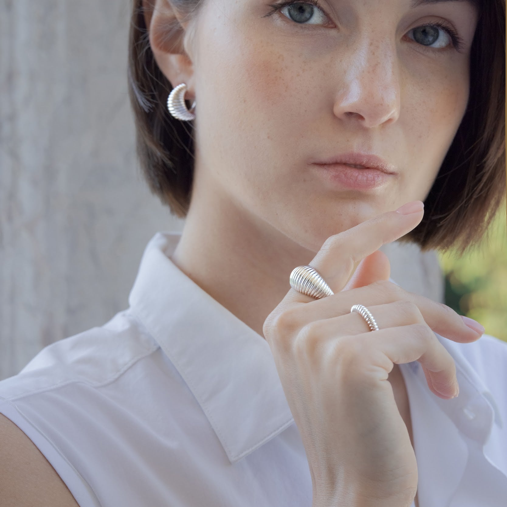 SAVOY Collection with a retro vibe by V DESIGN LAB Jewellery: Textured Hoops and Dome Rings in recycled Silver 925 or brass then gold plated